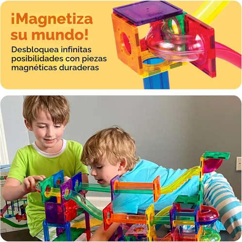 Vista 5 de PicassoTiles - Juego de pista de canicas magnéticas de 100 piezas con azulejos de pista de carreras, embudos, pendientes curvas y bolas de acero