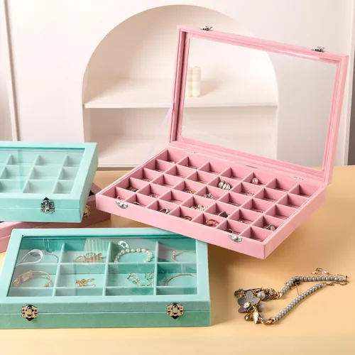 Vista 6 de Frebeauty Bandeja de terciopelo para joyas, organizador de joyas de 35 rejillas con tapa transparente, organizador de aretes con cierre de cajón