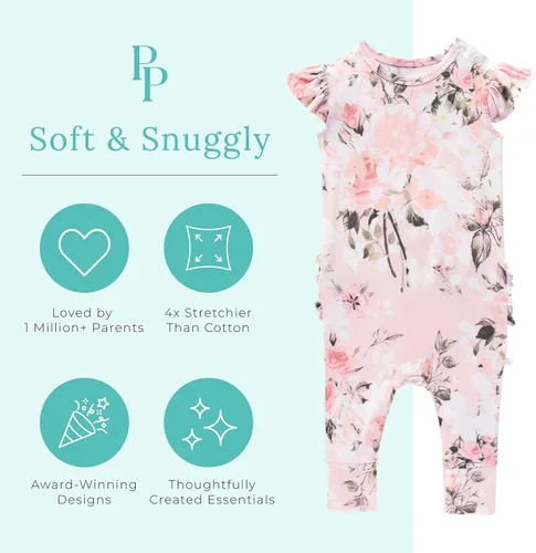 Vista 10 de Posh Peanut Mameluco de manga casquillo con volantes para bebé, ropa para niñas recién nacidas, pijama de una pieza para niños, viscosa suave