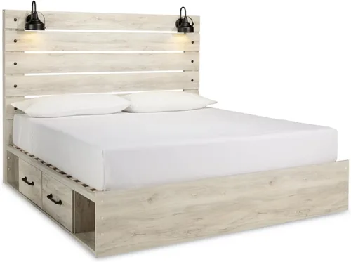 Vista 10 de Signature Design by Ashley Drystan - Cama de plataforma con panel rústica tamaño Queen con 2 cajones de almacenamiento, cubículos abiertos, luces