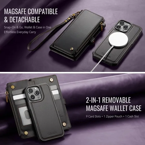 Vista 9 de Defencase Funda magnética para iPhone 13 Pro compatible con Magsafe con bloqueo RFID, correa de cremallera y tarjetero para mujer, funda de piel