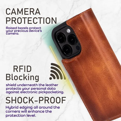 Vista 58 de Bayelon Funda tipo cartera para iPhone 15 Pro, cartera de cuero de grano completo, funda magnética desmontable, tarjetero, funda tipo cartera