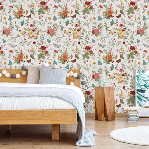 Vista 3 de VEELIKE Papel tapiz de 17.7 x 118 pulgadas con diseño de mariposas y caléndulas florales, para dormitorio, baño, guardería, papel de contacto floral