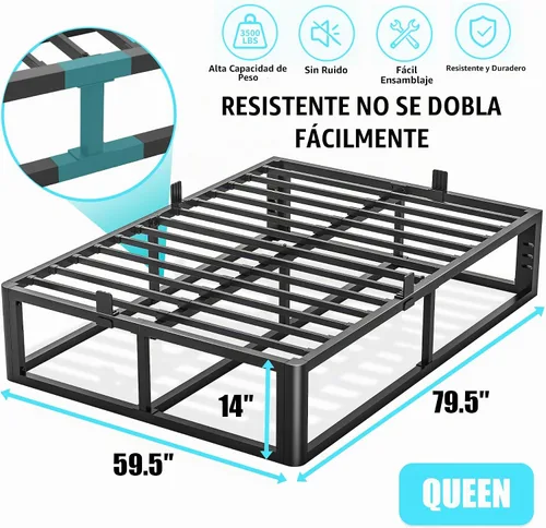 Vista 3 de Bilily - Base de cama Queen de metal resistente de 14 pulgadas con esquinas redondeadas y orificios para cabecero, retenedores de colchón de 3500