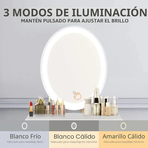 Vista 5 de Juego de mesa de maquillaje YOURLITE con espejo iluminado ajustable de 3 modos, taburete acolchado, mueble tocador para espacios pequeños Juego