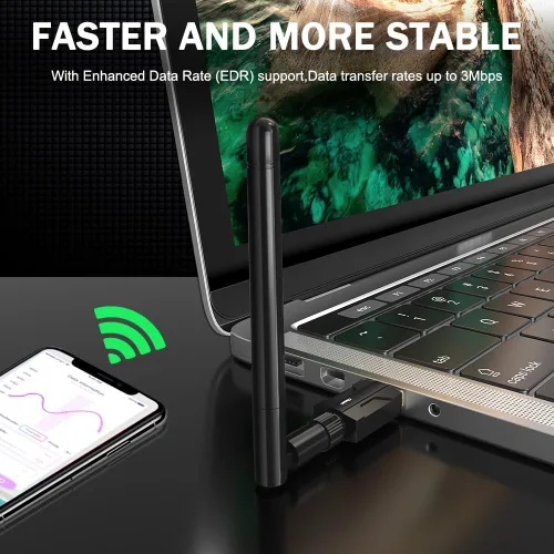 Vista 3 de Adaptador USB Bluetooth 5.1 para PC de escritorio: dongle inalámbrico de largo alcance de 300 pies con antena de 5dBi Plug & Play para portátil Negro
