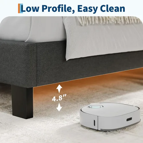 Vista 5 de GarveeHome Base de cama tamaño matrimonial con cabecera ajustable, tapizada de tela de lino y soporte de listones de madera, base de colchón