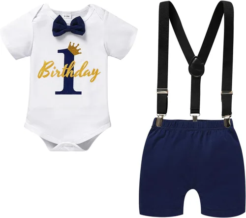 Vista 10 de GRNSHTS Ropa Divertida de Primer Cumpleaños para Bebé Niño Mameluco con Pajarita Body Conjuntos para Sesión de Fotos con Pastel marrón (Cow Brown)