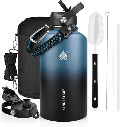 Vista 15 de SENDESTAR Botella de agua aislada de 24 onzas, boca ancha, botella de agua de 24 onzas con tapa con popote, tapa de boquilla, acero inoxidable