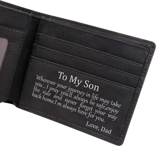 Vista 2 de Kenon Cartera de cuero personalizada para hombres, con bloqueo RFID grabada, billetera elegante para marido, hijo, papá, cumpleaños, San Valentín