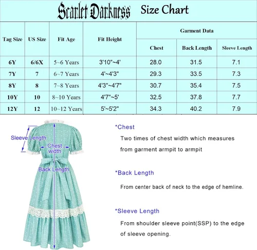 Vista 3 de Scarlet Darkness Disfraz colonial para niña, vestido de pionera, vestido floral victoriano de manga abombada, 7-12 años