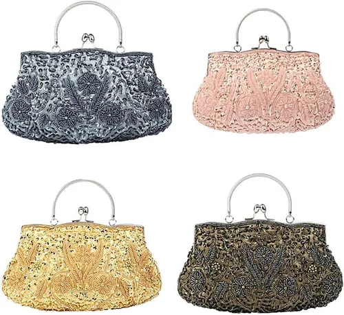 Vista 8 de Bolso de mano de noche con cuentas vintage para mujer, diseño vintage, con lentejuelas, con asa superior, para fiesta, boda, monedero, Oro