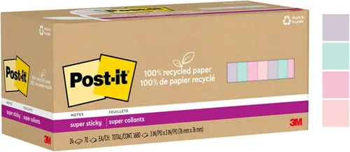 Vista 12 de Post-it - Notas superadhesivas de papel 100% reciclado, 3 x 3 pulgadas, 24 blocs, 70 hojas por bloc, pasteles Wanderlust, suministros de regreso a