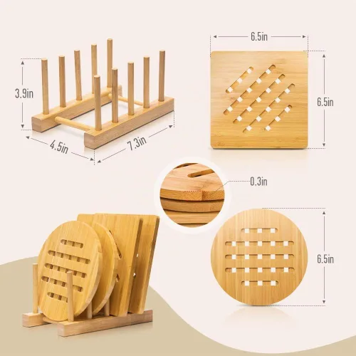 Vista 4 de Juego de salvamanteles de bambú para cocina, almohadillas calientes de bambú para platos calientes/cuencos/tetera/soportes para ollas calientes