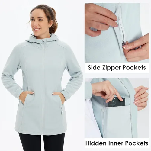 Vista 4 de BALEAF Chaqueta larga de forro polar con capucha y cremallera completa para mujer, abrigo de invierno suave y ligero