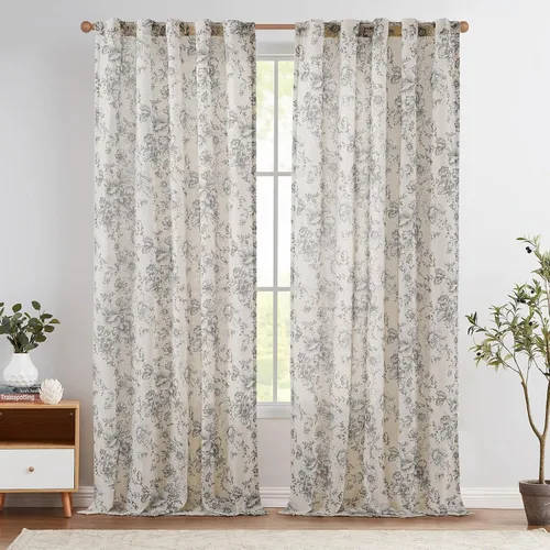 Vista 47 de Jinchan Cortinas de Mezcla de Lino con Estampado Floral para Sala de Estar, 84 Pulgadas de Largo, Cortinas con Bolsillo para Varilla y Tab Trasera