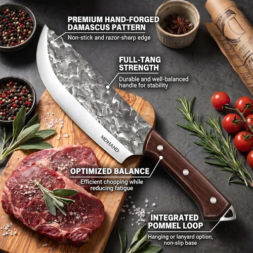Vista 5 de MDHAND - Juego de cuchillos de carnicero, 14 cuchillos de carnicero forjados a mano con bolsa de rollo, cuchillo de carne resistente, cuchillos