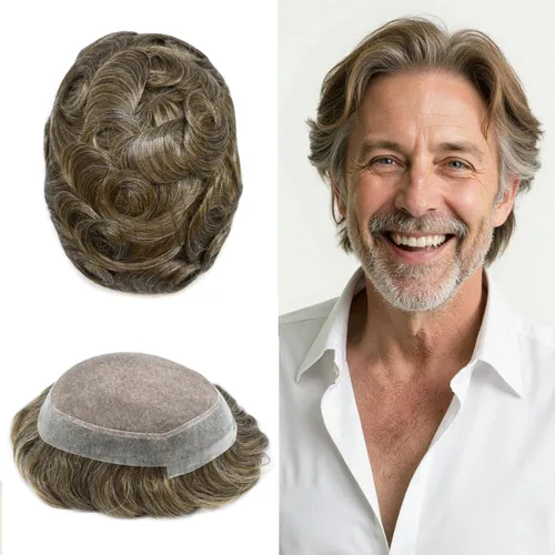 Vista 96 de Toupee para hombres Piezas de pelo fino mono para hombre Toupee sistema de reemplazo de pelo para hombres línea capilar natural para hombre postizo