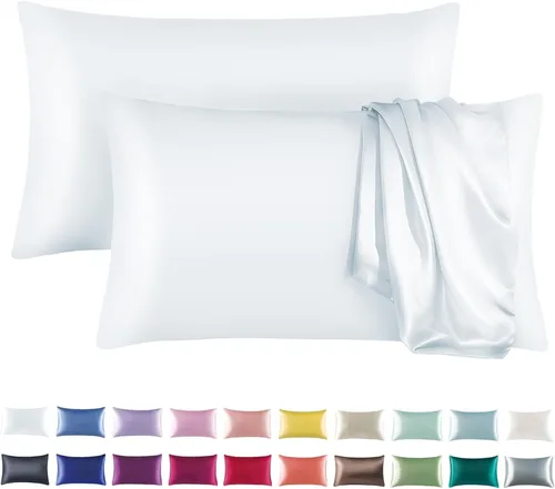 Vista 13 de Tyfitb Juego de 2 fundas de almohada de satén para cabello y piel, color azul bebé, fundas de almohada de enfriamiento tamaño estándar