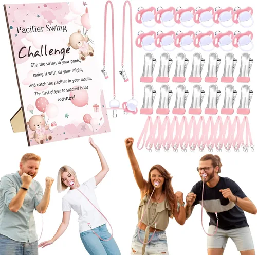 Vista 22 de Geelin Juego de 12 juegos de chupete con columpio para baby shower, juegos divertidos de revelación de género, incluye 1 letrero de madera y 12