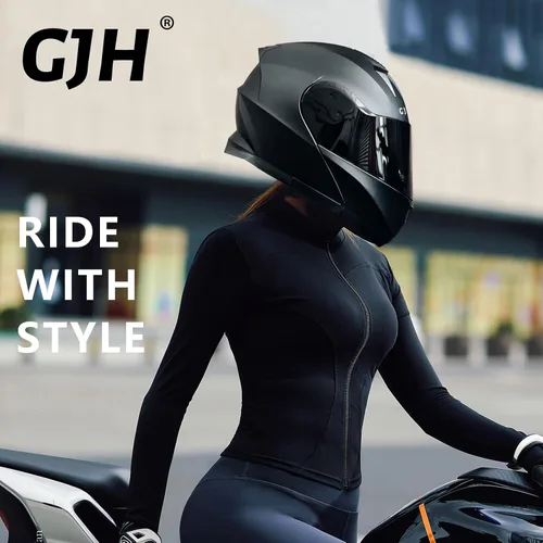 Vista 5 de Casco de motocicleta GJH para hombres y mujeres, casco modular para motocicleta con visera abatible, lente anti-vaho, doble para cascos