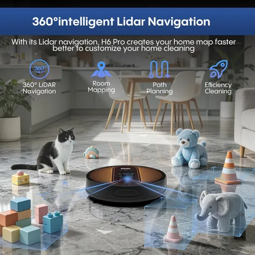 Vista 2 de Combo de aspiradora y fregona de robot: succión de 6000Pa, navegación LIDAR Naranja Negro
