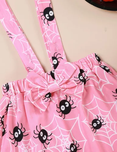 Vista 6 de Conjunto de ropa de Halloween para recién nacido, con volantes, tirantes, calabaza, murciélago, fantasma, falda con diadema