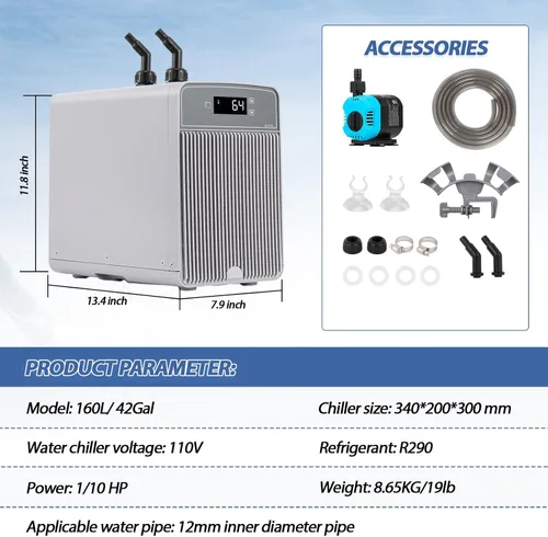 Vista 7 de Poafamx - Enfriador de acuario de 42 galones, enfriador de agua silencioso para pecera, 1/10 HP Compressor Refrigeration with Pump & Tubing, for