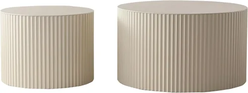 Vista 8 de WILLIAMSPACE Juego de 2 mesas auxiliares redondas color beige con rayas onduladas, modernas mesas circulares de madera con tambor, mesa central