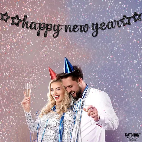 Vista 7 de KatchOn, Cartel de feliz año nuevo con purpurina negra – 10 pies, sin bricolaje Cartel negro de feliz año nuevo Suministros para fiesta de Año