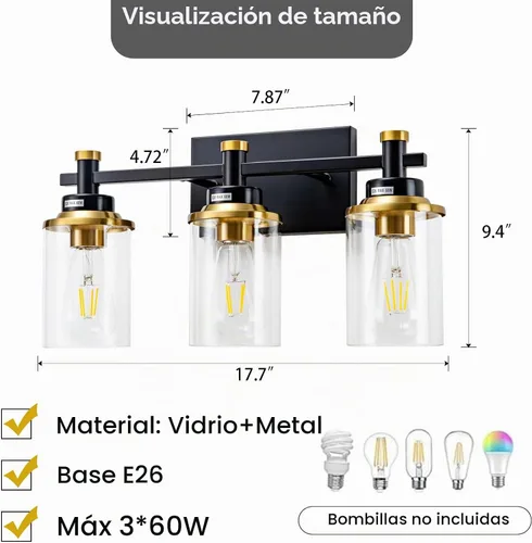 Vista 4 de Accesorios de Luz de Baño de 3 Luces, Accesorio de Luz de Tocador Negro y Dorado Cepillado Sobre Espejo, Apliques de Pared Modernos Iluminación