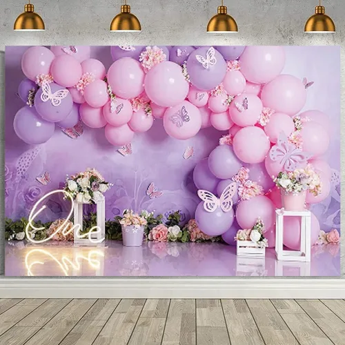 Vista 8 de Fondo de fotografía para fiesta de cumpleaños de niña, globos rosas y morados, mariposa, país de las maravillas, baby shower, flores, fondo