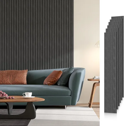 Vista 20 de SMARTSTANDARD Paneles de pared acústicos de muestra en madera, panel de pared insonorizado, panelado de listones de madera estriado en 3D para Roble