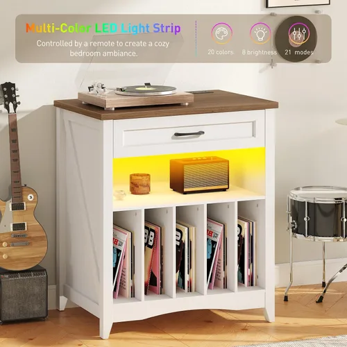 Vista 3 de RALGEND Soporte grande para tocadiscos con estación de carga, armario de almacenamiento de discos de vinilo con cajón y LED, mesa giratoria