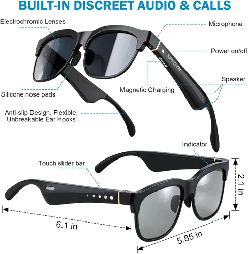 Vista 5 de Lentes de sol inteligentes Bluetooth con lentes electrocrómicos, control de tinte multinivel para conducir, viajar, pescar, uso diario, altavoces