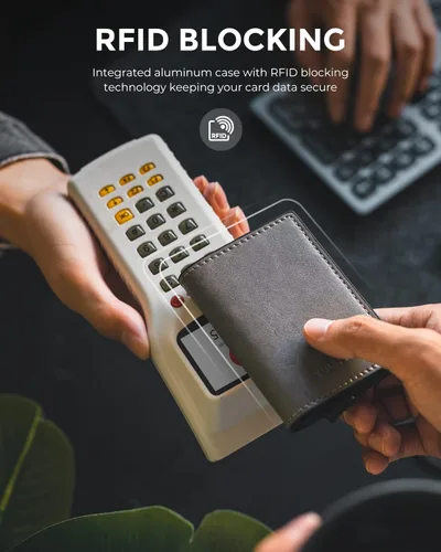 Vista 5 de VULKIT Tarjetero RFID Bloqueo de Cuero Automático Pop Up Cartera Aluminio Slim Pocket Tarjeta de Visita