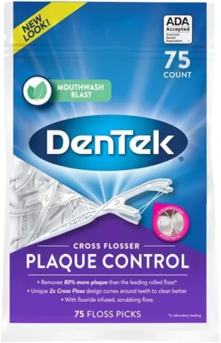 Vista 2 de DenTek Cross Flosser - Púas de hilo dental con control de placa, hilo dental único en forma de X, hebras de hilo con infusión de fluoruro, sabor