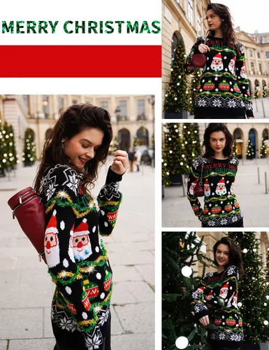 Vista 13 de v28 - Suéteres feos de Navidad variados, para mujer, suéter de punto con diseño de reno feliz