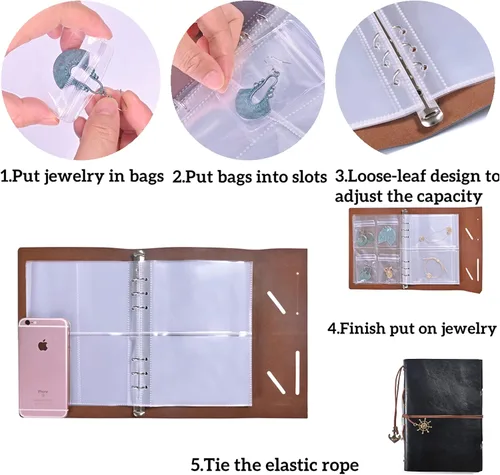 Vista 4 de Wilowdale - Organizador de joyas de viaje de piel sintética, con bolsillos y 60 bolsas de PVC antioxidantes, organizador de aretes, estuche de viaje