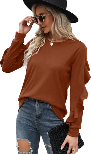 Vista 2 de Saloogoe Sudaderas de cuello redondo de manga larga casual con mangas con volantes ropa suave para otoño e invierno moda 2022