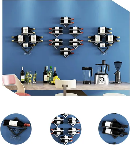 Vista 8 de Paquete de 2 estantes de metal para vino montado en la pared, estante para botellas de vino y colgador de copas, estante de almacenamiento de vino
