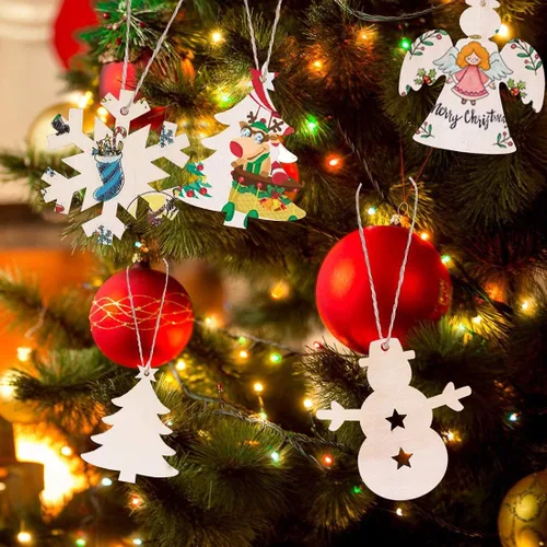 Vista 5 de Max Fun 100 adornos de Navidad de madera para manualidades, círculos de madera preperforados sin terminar para manualidades, centros de mesa