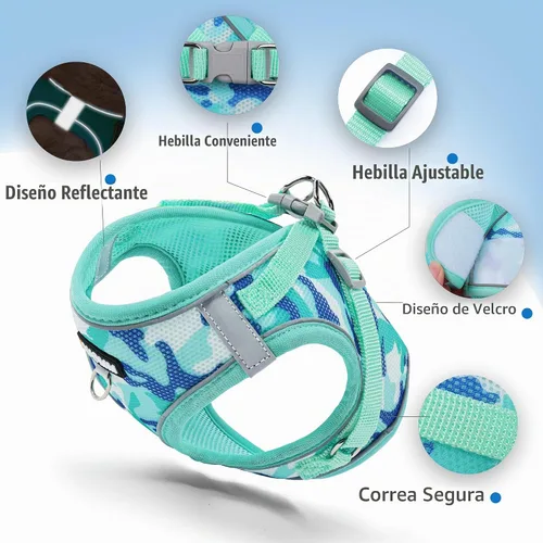 Vista 3 de Arnés Step-in para perro con conjunto de correa, ajustable suave acolchado y malla transpirable para perro de tamaño pequeño, reflectante sin Verde