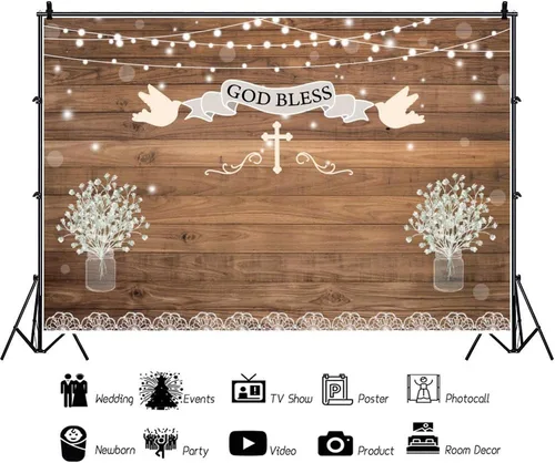 Vista 3 de Leyiyi Telón de fondo de 5 x 3 pies con diseño de cruz de bautismo de comunión con diseño de cruz de madera rústica, fondo de fotografía, flores