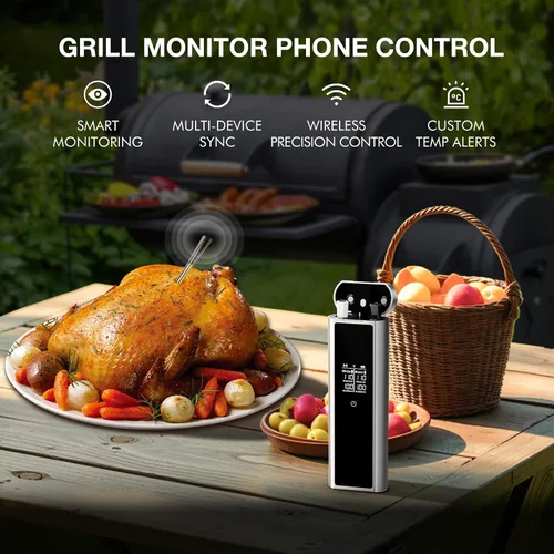 Vista 2 de Termómetro Bluetooth inalámbrico para carne con sondas duales, 650 pies de largo alcance inteligente con aplicación controlada, termómetro