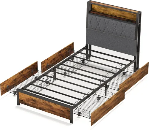 Vista 7 de WLIVE Base de cama individual con 4 cajones de almacenamiento, marco de cama tapizado con cabecero, cama de plataforma con luces LED y estación