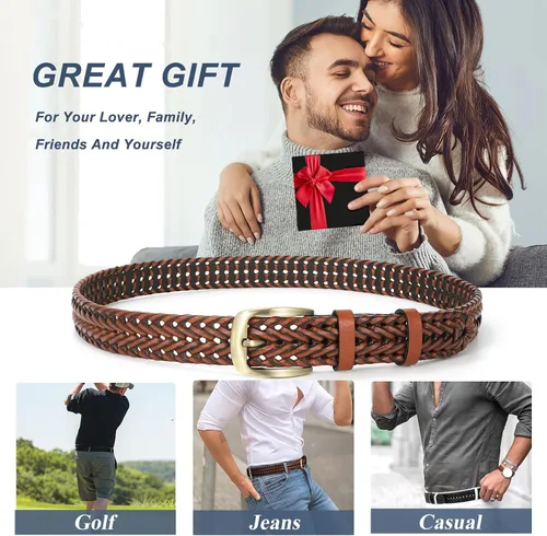Vista 6 de Cinturón de cuero trenzado para hombre, jeans casuales, golf, hebilla de aleación tejida de cuero para hombre, cinturones trenzados a mano, regalo