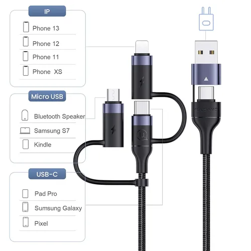 Vista 2 de PD 60W USB C Cable de carga rápida multifuncional trenzado de nailon 5-en-1 3A USB/C a Type C/Micro/Teléfono Adaptador de sincronización rápida