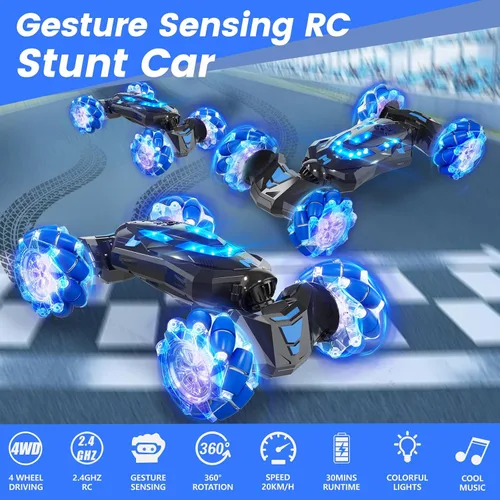 Vista 3 de Coche Acrobático RC con Sensor de Gestos, 4WD Drift Controlado a Mano con Giros de 360°, Truco de Luces y Música, Coche de Juguete es un Genial Azul