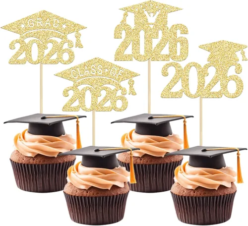 Vista 32 de Paquete de 24 adornos para cupcakes de clase 2026 con purpurina 2026 Felicidades Graduación Diploma Done Cupcake Picks 2026 Graduación Temática
